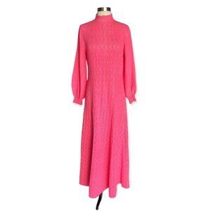 Vintage 60’s 70’s Pink Pointelle Lace Knit Maxi Dress Mod Twiggy Retro